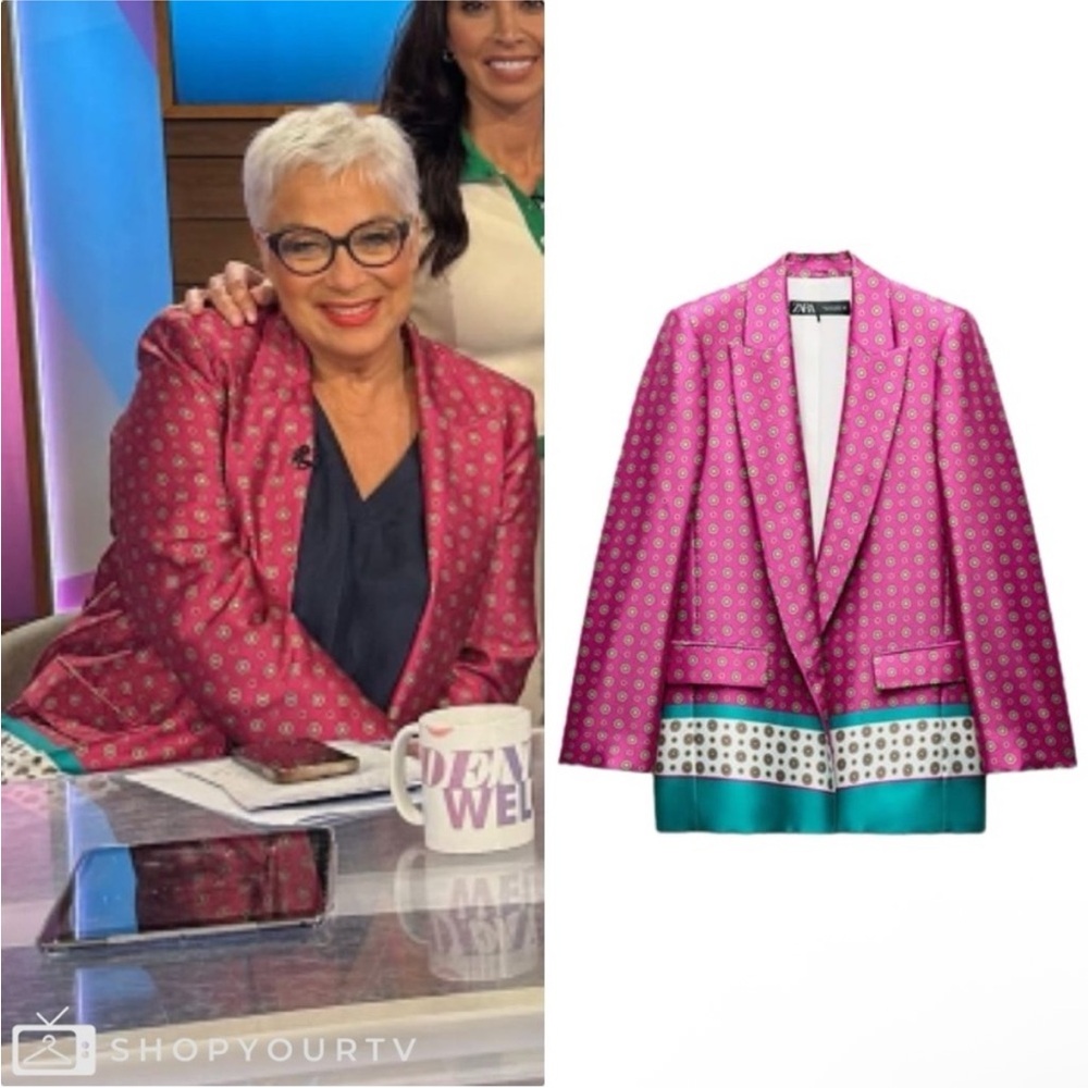 Zara Satin Effect Printed Open Front Blazer Jacket Pink Teal Blue size Small - Picture 8 of 14
